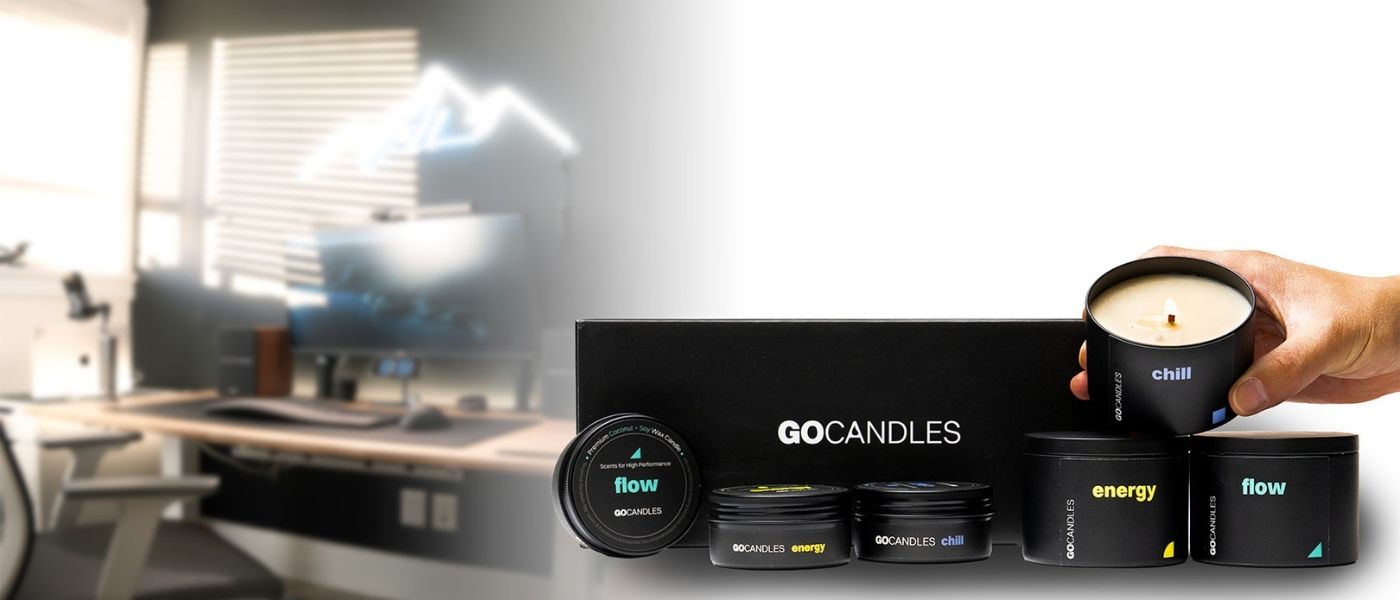 Go Candles Discovery Set with Energy, Flow, and Chill candles on a modern desk